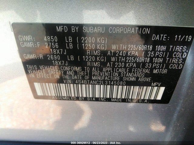 2020 SUBARU OUTBACK LIMITED VIN: 4S4BTANC2L3145080