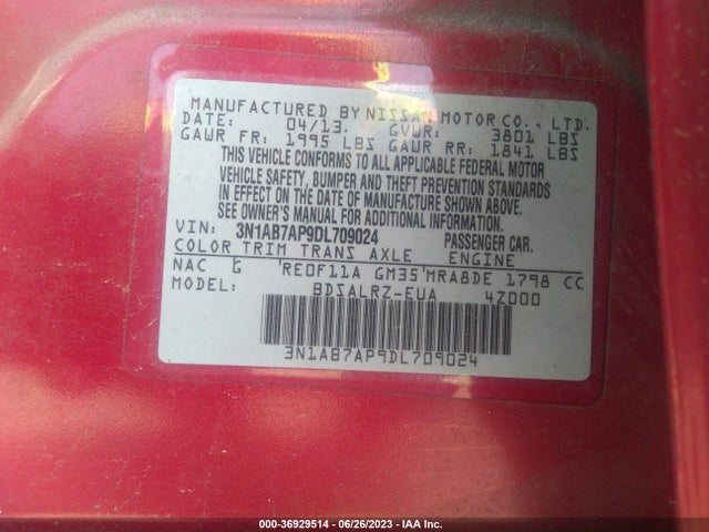 2013 NISSAN SENTRA SR VIN: 3N1AB7AP9DL709024