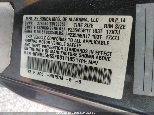 2015 HONDA ODYSSEY EX-L VIN: 5FNRL5H65FB011185