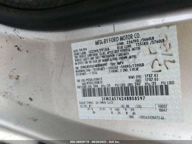 2004 FORD FREESTAR WAGON SES VIN: 2FMZA57624BB08597
