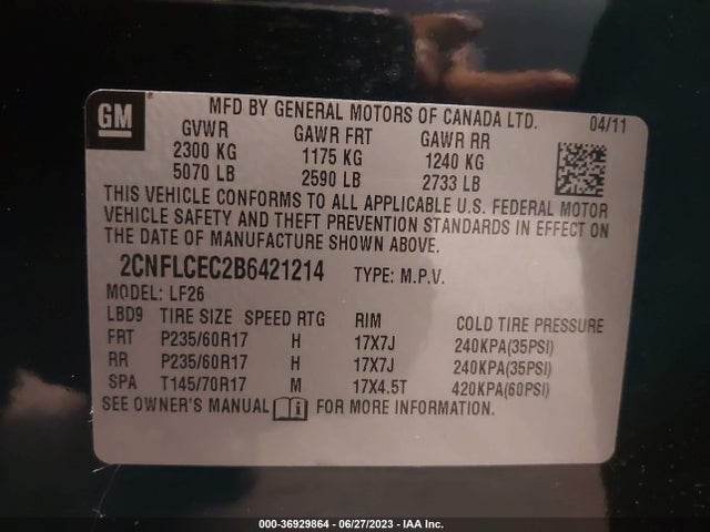 2011 CHEVROLET EQUINOX LS VIN: 2CNFLCEC2B6421214