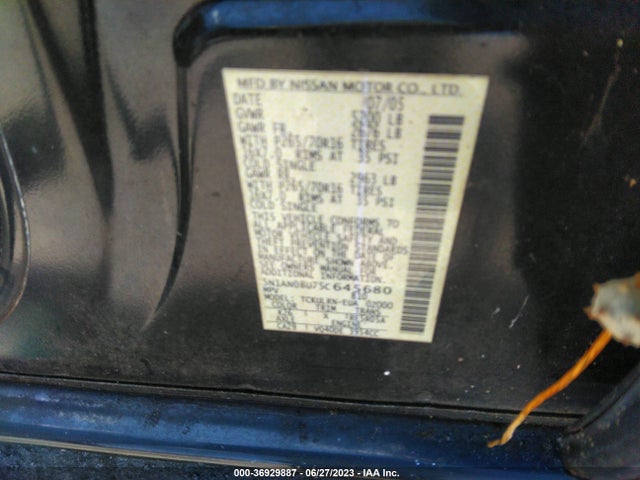 2005 NISSAN XTERRA S VIN: 5N1AN08U75C645680