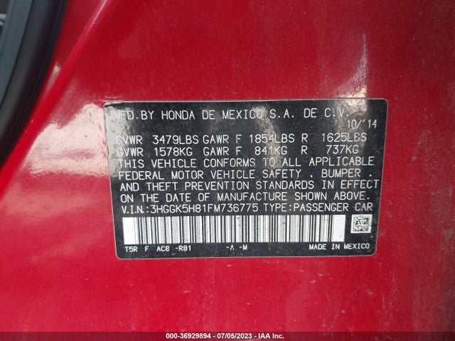2015 HONDA FIT EX-L/EX VIN: 3HGGK5H81FM736775