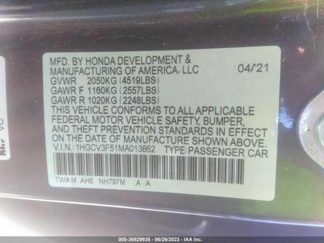 1HGCV3F51MA013862 Honda Accord Hybrid Ex-l