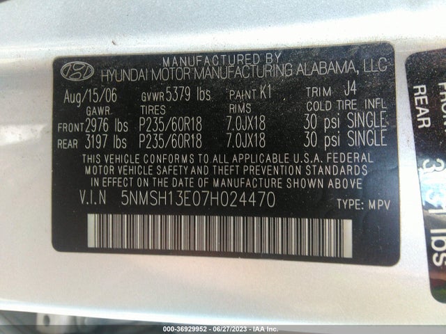 2007 HYUNDAI SANTA FE LIMITED VIN: 5NMSH13E07H024470