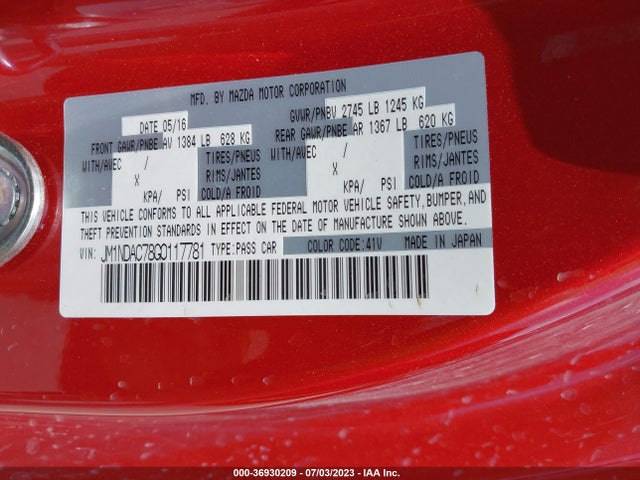 2016 MAZDA MX-5 MIATA CLUB VIN: JM1NDAC78G0117781