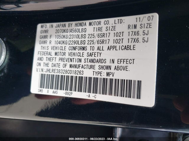 2008 HONDA CR-V LX VIN: JHLRE38328C018263