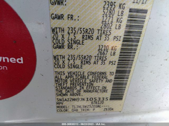 5N1AZ2MH9JN105335 Nissan Murano Platinum