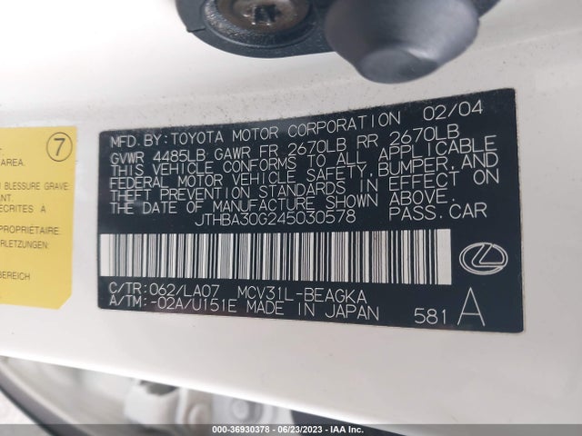 2004 LEXUS ES 330 VIN: JTHBA30G245030578