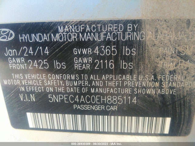 Hyundai Sonata Limited 2014 5NPEC4AC0EH885114 Image 9