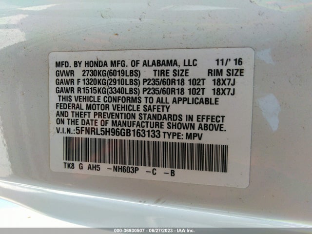 Honda Odyssey Touring 2016 5FNRL5H96GB163133 Image 16