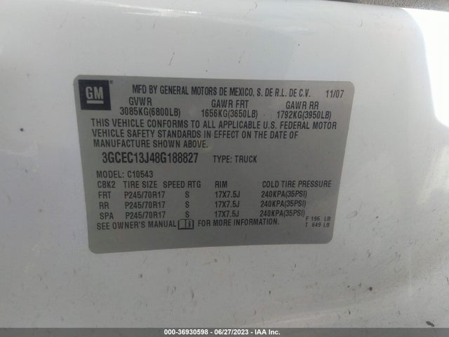 2008 CHEVROLET SILVERADO 1500 LT W/1LT VIN: 3GCEC13J48G188827
