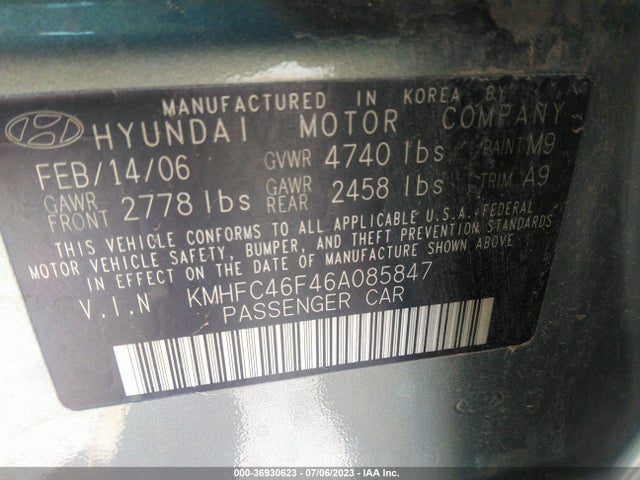 2006 HYUNDAI AZERA SE/LIMITED VIN: KMHFC46F46A085847