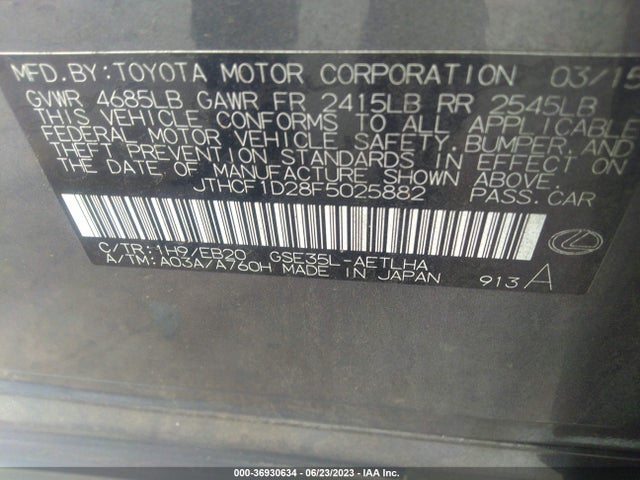 2015 LEXUS IS 250 VIN: JTHCF1D28F5025882