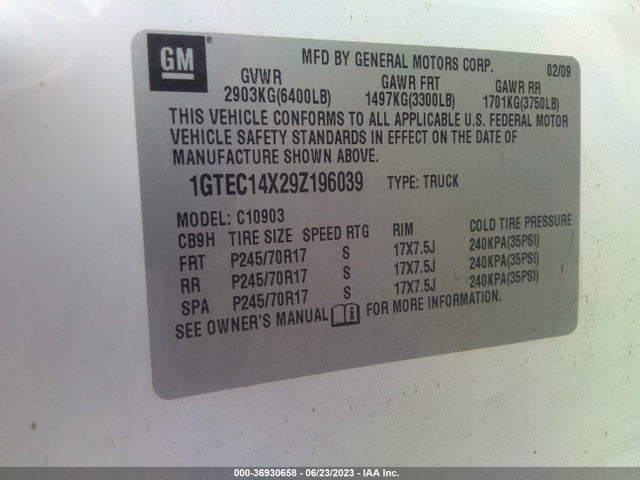 2009 GMC SIERRA 1500 WORK TRUCK VIN: 1GTEC14X29Z196039