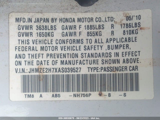 2010 HONDA INSIGHT EX VIN: JHMZE2H7XAS039527