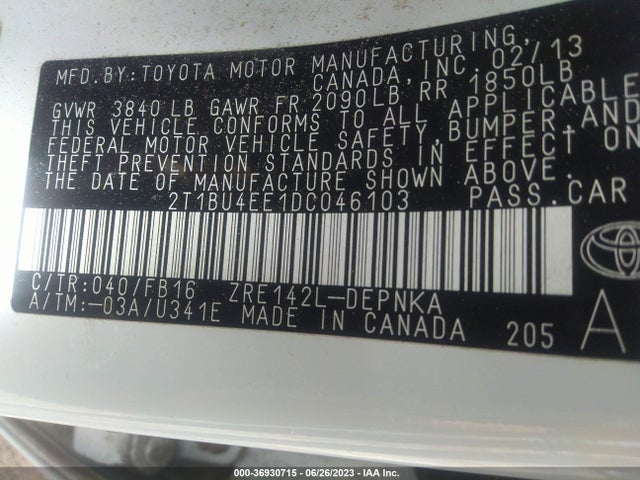 2013 TOYOTA COROLLA L/LE/S VIN: 2T1BU4EE1DC046103