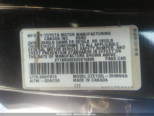2003 TOYOTA MATRIX STD/XR VIN: 2T1KR32E53C015869