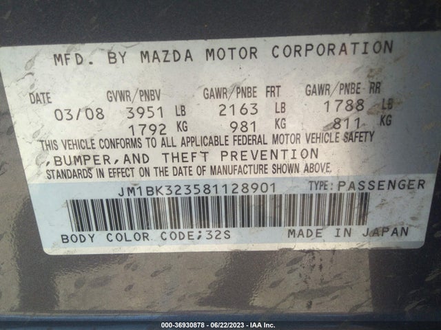2008 MAZDA MAZDA3 S TOURING VIN: JM1BK323581128901