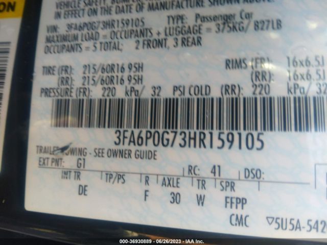 3FA6P0G73HR159105 Ford FUSION S