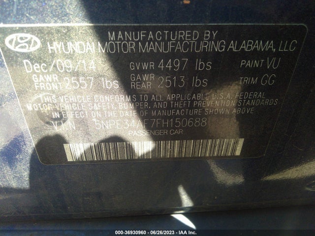 2015 HYUNDAI SONATA 2.4L SPORT VIN: 5NPE34AF7FH150688