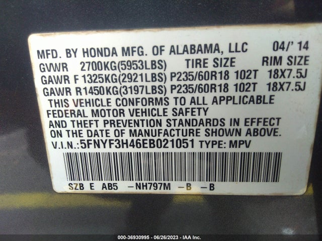 Honda Pilot Ex 2014 5FNYF3H46EB021051 Image 9