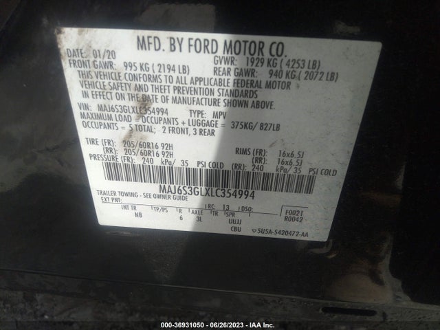 2020 FORD ECOSPORT SE VIN: MAJ6S3GLXLC354994