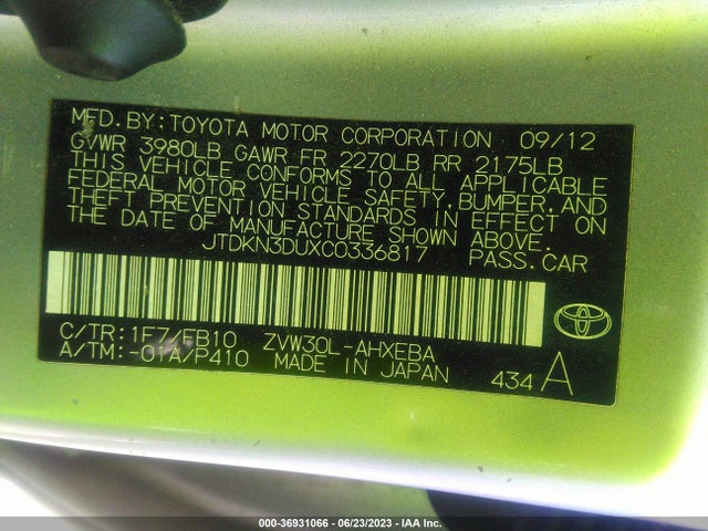 Aukcja sprzedaży 2012 Toyota Prius One/two/three/four/five, vin: JTDKN3DUXC0336817, numer aukcji: 36931066
