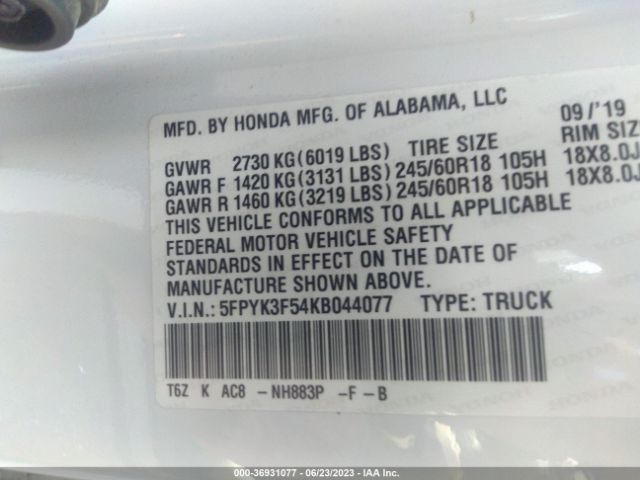 Honda Ridgeline Rtl 2019 5FPYK3F54KB044077 Image 9