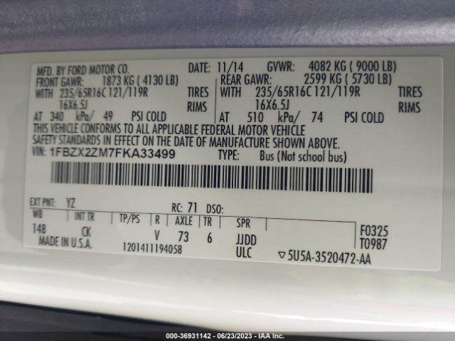 1FBZX2ZM7FKA33499 Ford Transit Wagon Xl/xlt