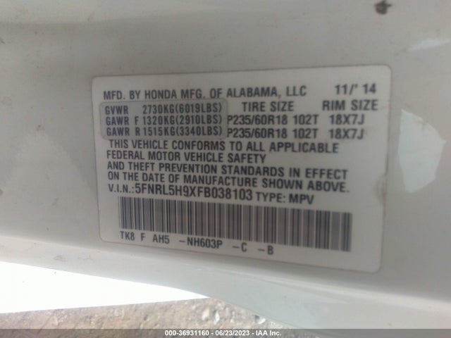 2015 HONDA ODYSSEY TOURING VIN: 5FNRL5H9XFB038103