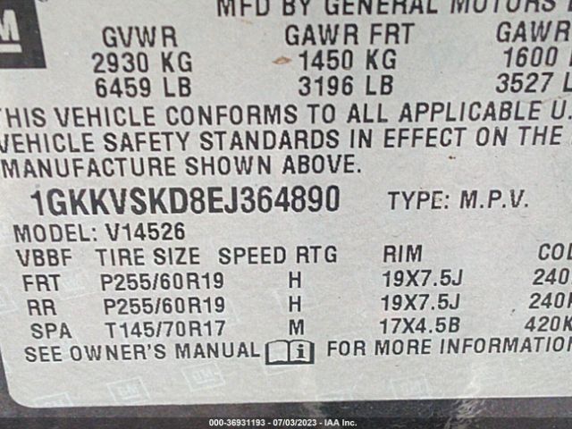 1GKKVSKD8EJ364890 GMC ACADIA SLT