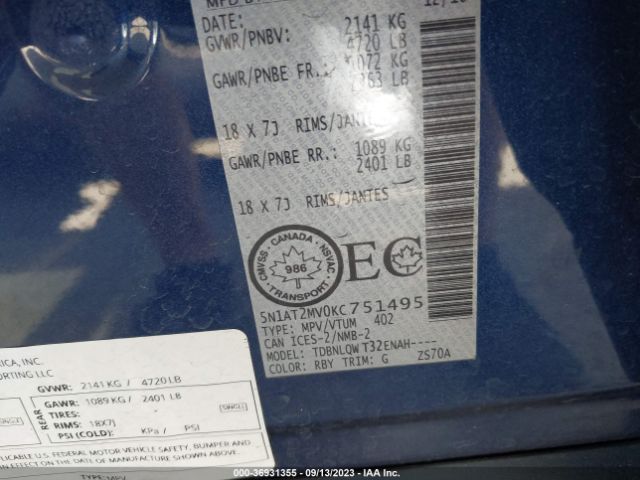 5N1AT2MV0KC751495 Nissan ROGUE S/SV/SL