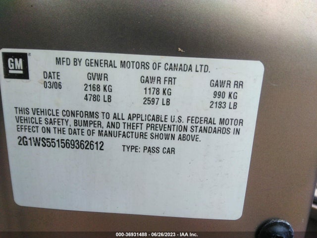 2006 CHEVROLET IMPALA POLICE PKG UNMARKED POLICE PKG 9C3 VIN: 2G1WS551569362612