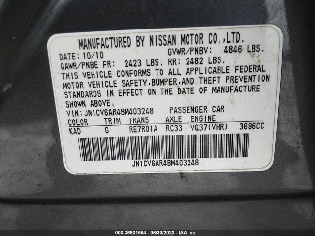 2011 INFINITI G37 SEDAN X VIN: JN1CV6AR4BM403248