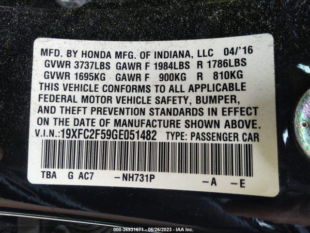 Honda Civic Sedan Lx 2016 19XFC2F59GE051482 Image 9