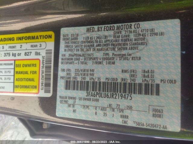 3FA6P0LU6JR219475 Ford Fusion Hybrid Se