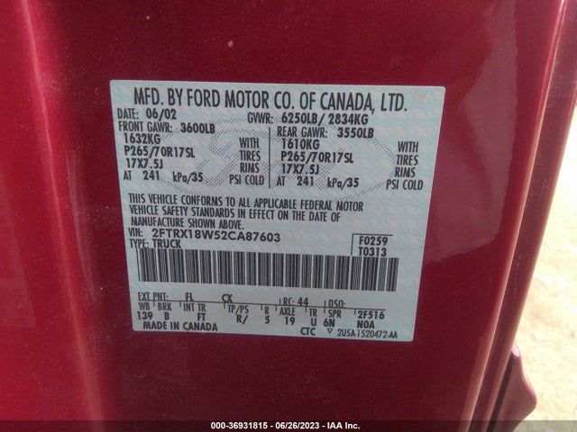 2002 FORD F-150 XL/XLT/LARIAT/KING RANCH VIN: 2FTRX18W52CA87603