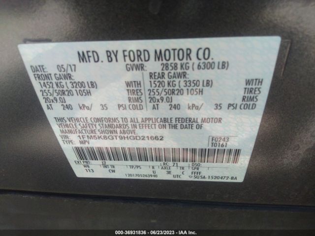 1FM5K8GT9HGD21662 Ford EXPLORER SPORT