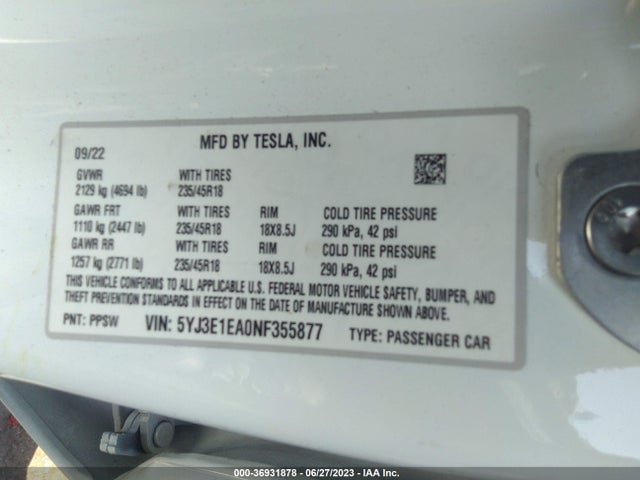 Tesla MODEL 3 2022 5YJ3E1EA0NF355877 Image 17