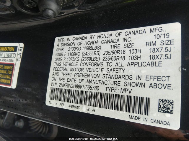 Honda Cr-v Ex-l 2019 2HKRW2H88KH665780 Image 9