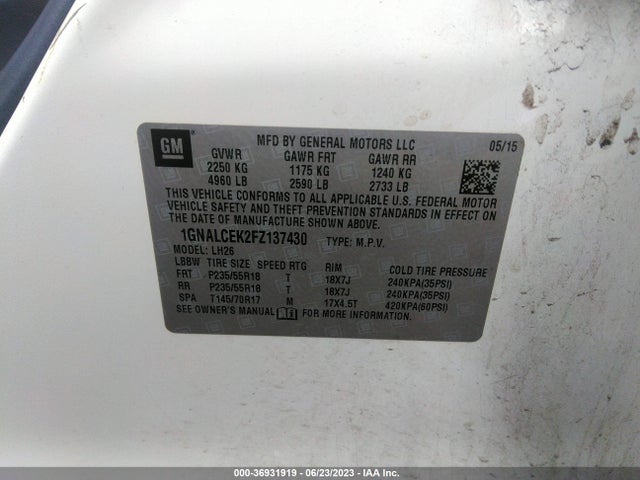 Chevrolet Equinox 2lt 2015 1GNALCEK2FZ137430 Image 9