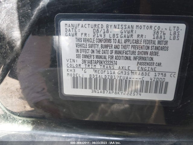 2019 NISSAN SENTRA SV VIN: 3N1AB7AP8KY222574