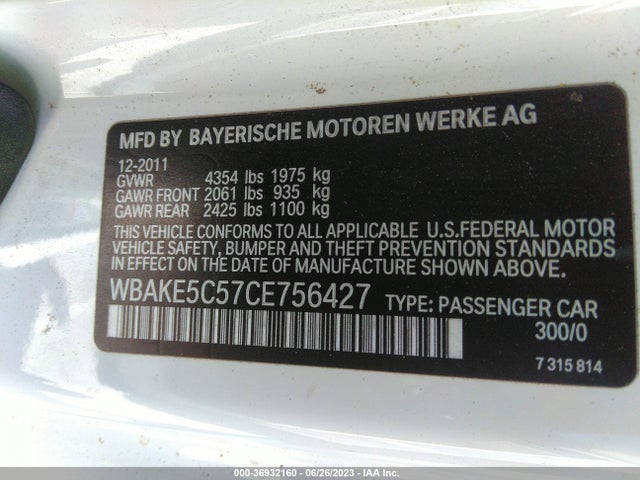 2012 BMW 3 SERIES 328I VIN: WBAKE5C57CE756427