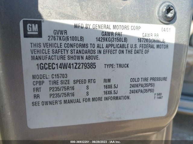 2001 CHEVROLET SILVERADO 1500 VIN: 1GCEC14W41Z279385