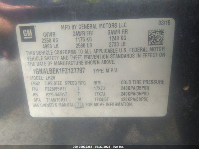 Chevrolet EQUINOX LT 2015 1GNALBEK1FZ127787 Image 9
