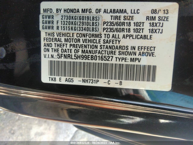 Honda Odyssey Touring 2014 5FNRL5H99EB016527 Image 9