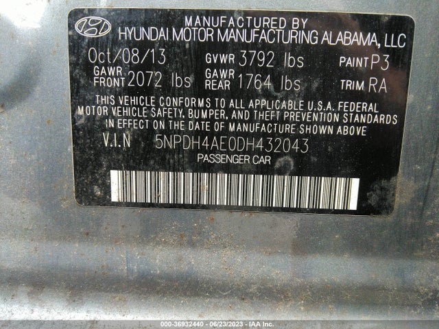 2013 HYUNDAI ELANTRA GLS PZEV VIN: 5NPDH4AE0DH432043