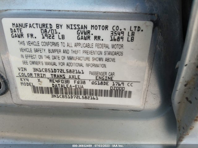2002 NISSAN SENTRA GXE VIN: 3N1CB51D72L582161