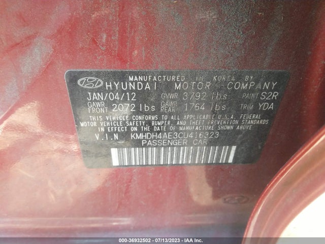 2012 HYUNDAI ELANTRA GLS (ULSAN PLANT) VIN: KMHDH4AE3CU416323